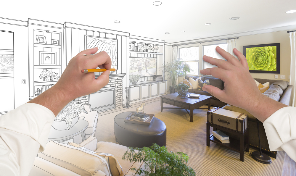 Male,Hands,Drawing,Custom,Living,Room,Design,Gradating,Into,Photograph. Male Hands Drawing Custom Living Room Design Gradating Into Photograph.