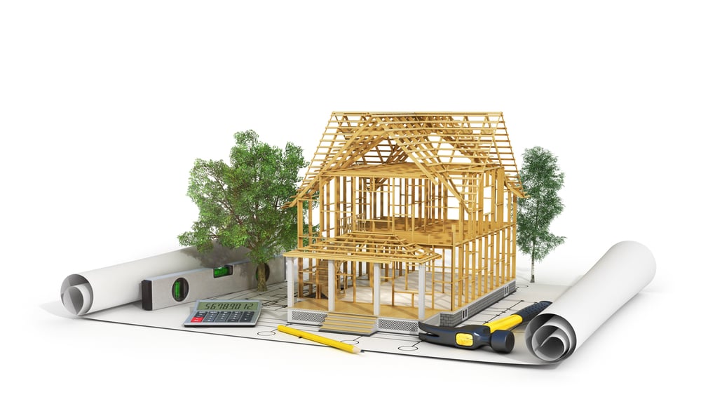 Concept,Of,Construction.,3d,Render,Of,House,In,Building,Process custom home building blurprint